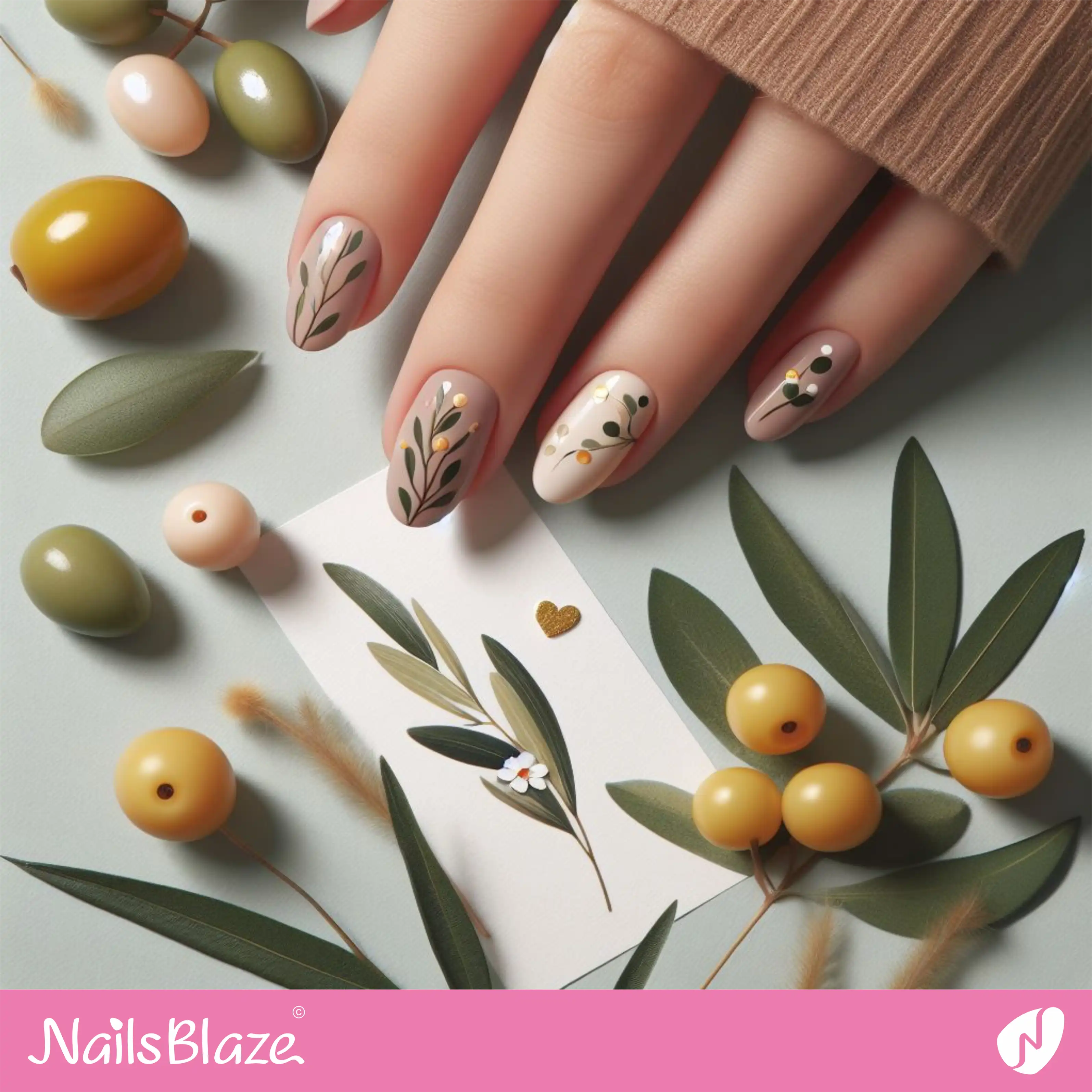 Short Olive Leaves Nails | Nature-inspired Nails - NB1613